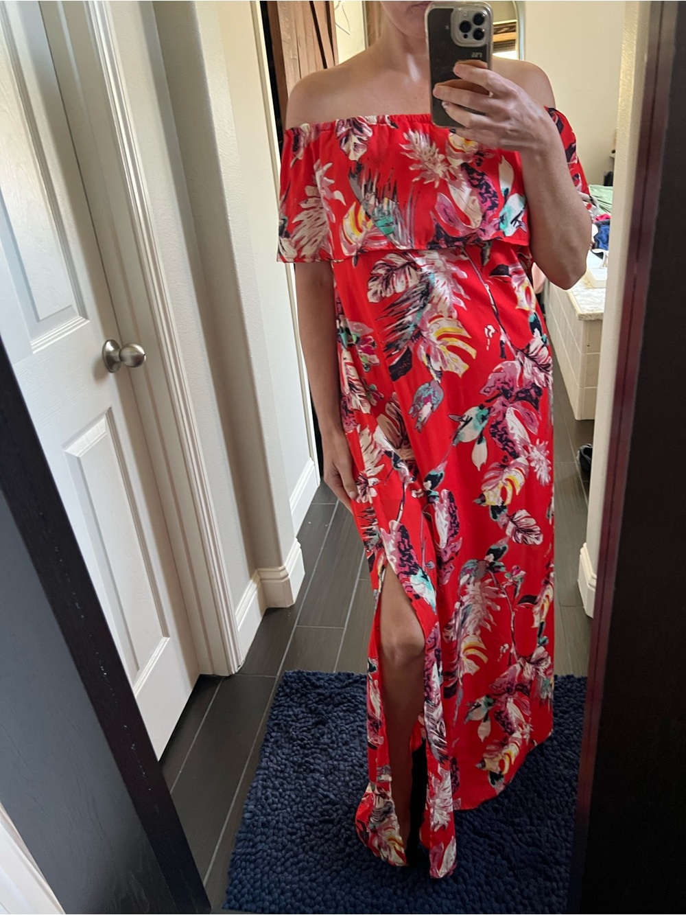 She + Sky Red Floral One-Shoulder Maxi Dress